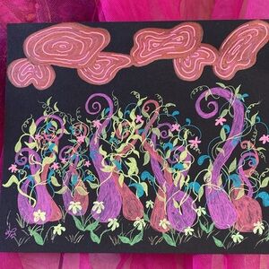 Unframed Original Art Drawing Fantasy Garden Illustration w Flowers & Vines